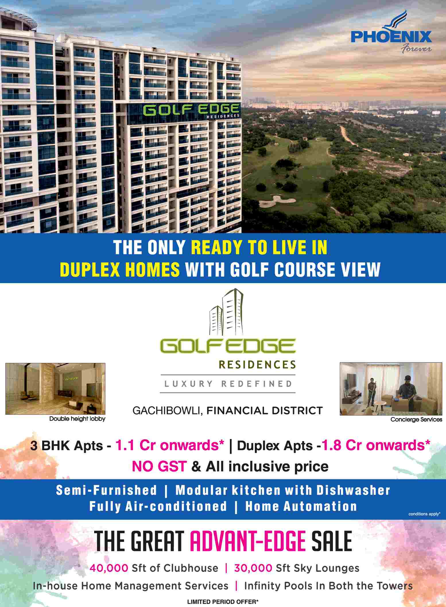 Live in the only ready to live duplex homes with golf course view at Phoenix Golf Edge in Hyderabad Update
